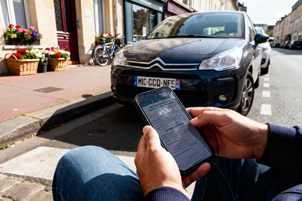 Personne vérifiant si une voiture est gagée via smartphone devant une Citroën stationnée