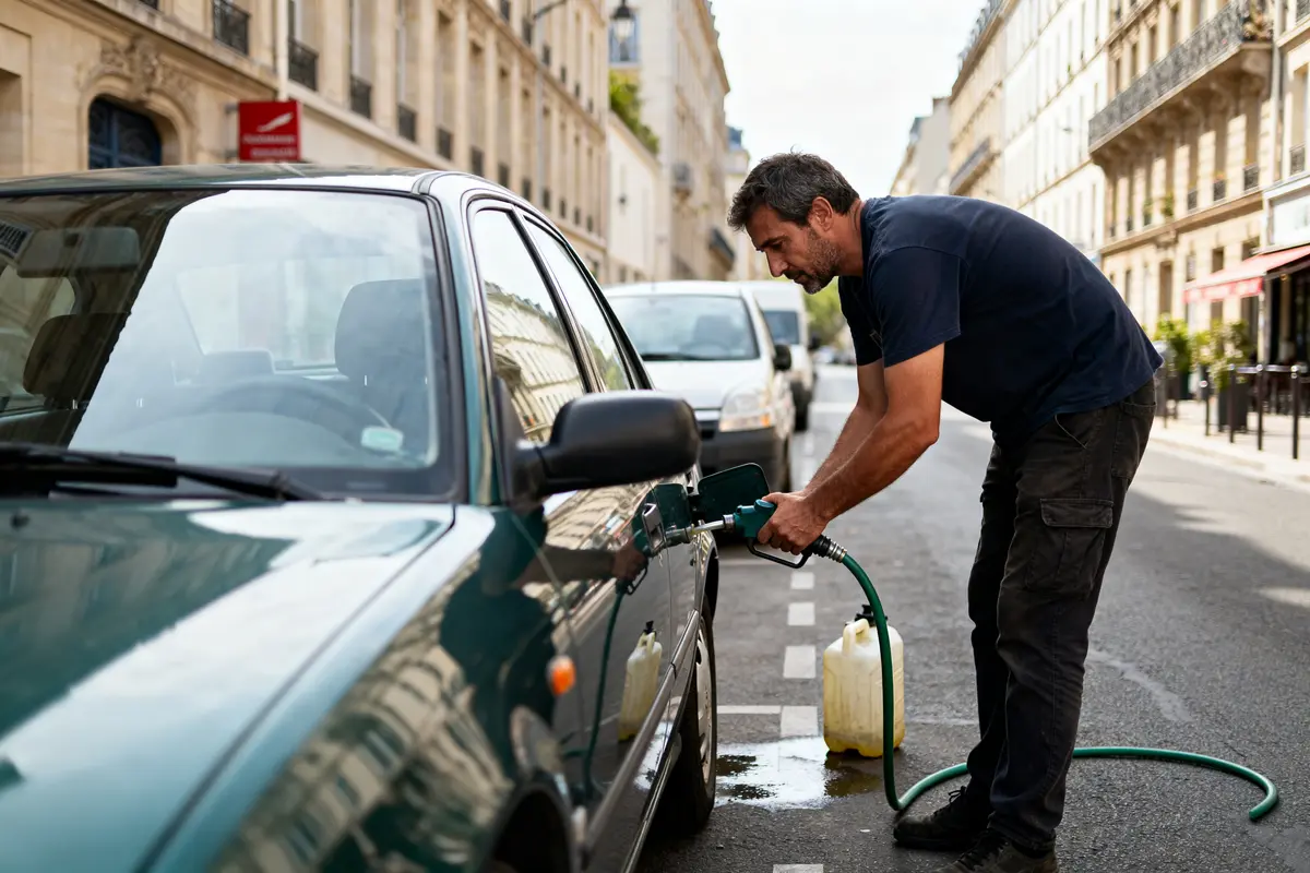 Homme siphonnant une voiture dans la rue avec bidon et tuyau en plastique vert