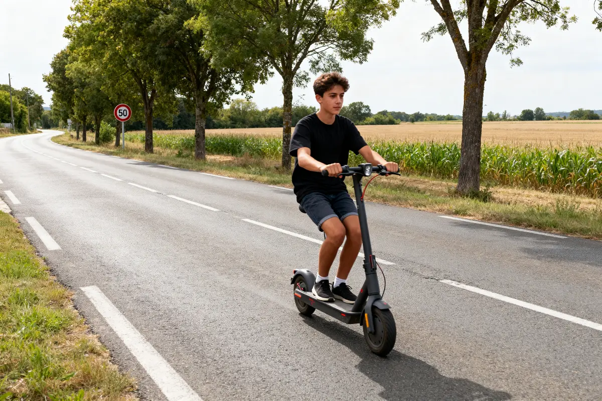 Jeune homme en trottinette électrique roulant sur la route avec arbres et champs adjacents