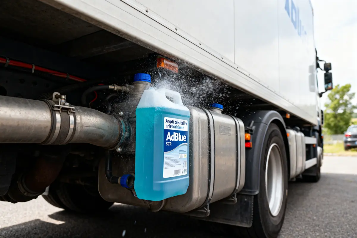 Bidon d'AdBlue percé causant un surdosage de l’anti-cristallisant AdBlue sous un camion