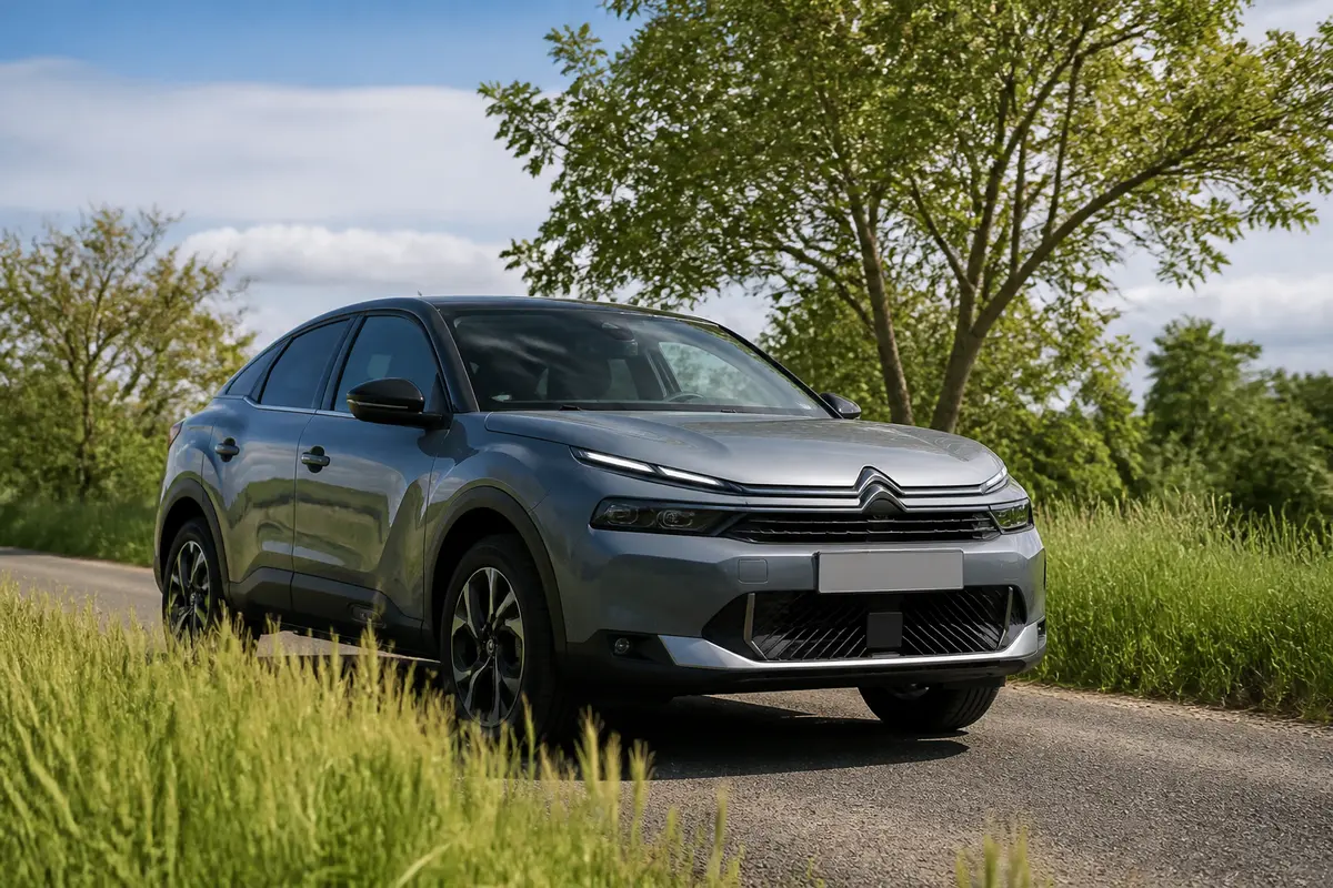Voiture grise de marque Citroën garée sur une route de campagne verdoyante